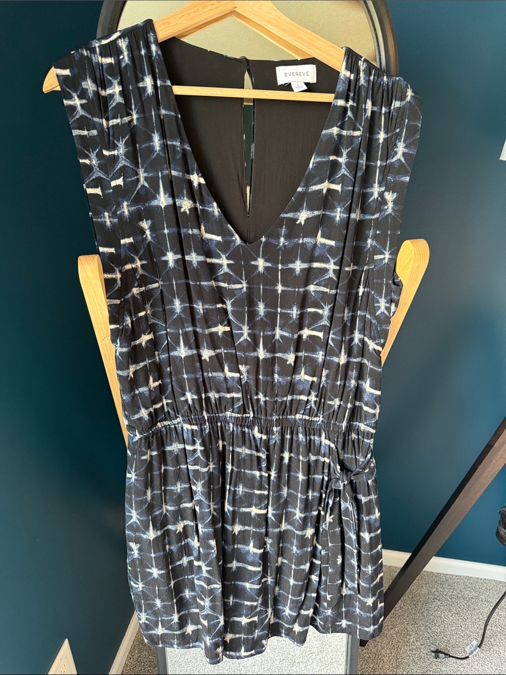 Evereve Black, Navy, and tan Tie-Dye V-Neck short romper